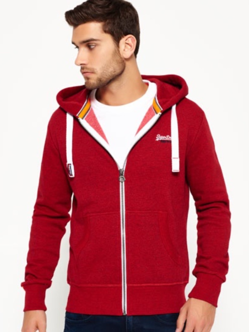 Super Dry Orange Label Mens Red Hoodie Sweatshirt M Cozy Winter Fall